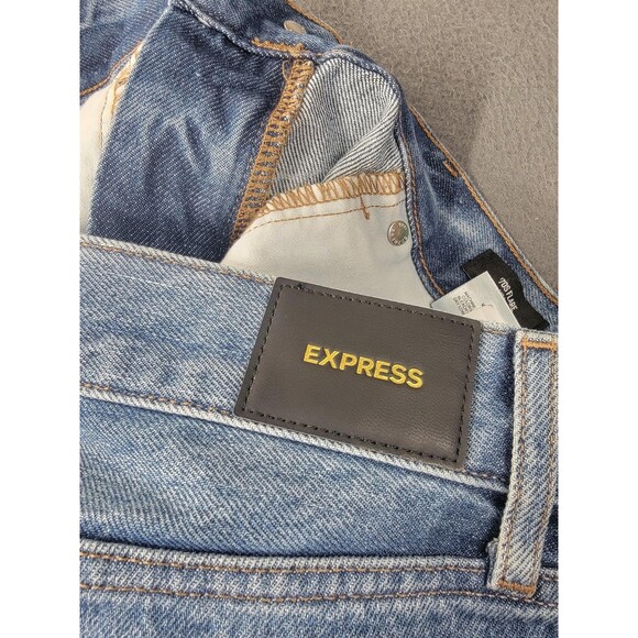 Express 70s Flare Jeans Womens 6R Blue Mid Rise Cotton Distressed Hem - Picture 12 of 14